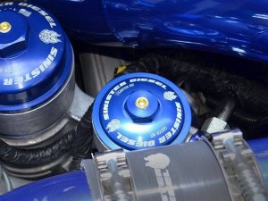 Ford F-350 Fuel Pressure Regulator - Sinister Diesel - Blue Spring Kit with Billet Spring Housing and Fuel Filter Cap - Sinister Blue - `03-`07